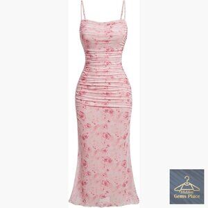 Floral Midi Dress with Spaghetti Strap Ruched Mesh Bodycon Cocktail Wedding